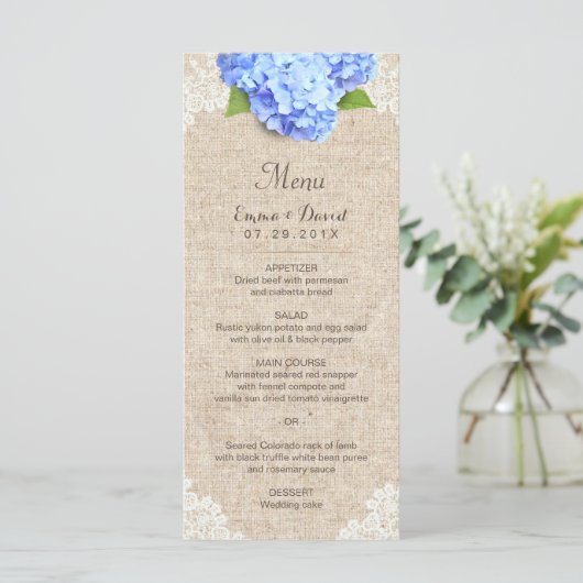 Rustique Blue Hydrangea Dentelle & Burlap Menu Mar (Debout devant)