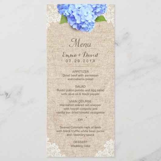 Rustique Blue Hydrangea Dentelle & Burlap Menu Mar (Devant)