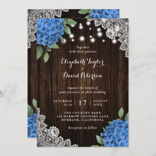 Rustique Blue Hydrangea Invitations de mariage (Devant / Derrière)