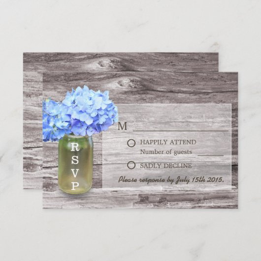 Rustique Blue Hydrangea Mason Jar Mariage RSVP (Devant / Derrière)