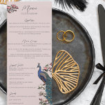 Rustique Blush Rose Floral Peacock Bird Menu Maria<br><div class="desc">Cette élégante carte mariage en ivoire présente des illustrations de style "Chinoiserie" dessinées à la main d'un paon bleu et turquoise entouré de verdure Magnolia, présentant des fleurs de magnolia rose vif et crème éclatante, le tout contre un élégant arrière - plan rose vif. Le dos est orné d'un élégant...</div>