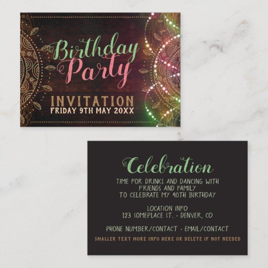 Rustique Boho Anniversaire Fête Mini Carte d'invit (Devant / Derrière)