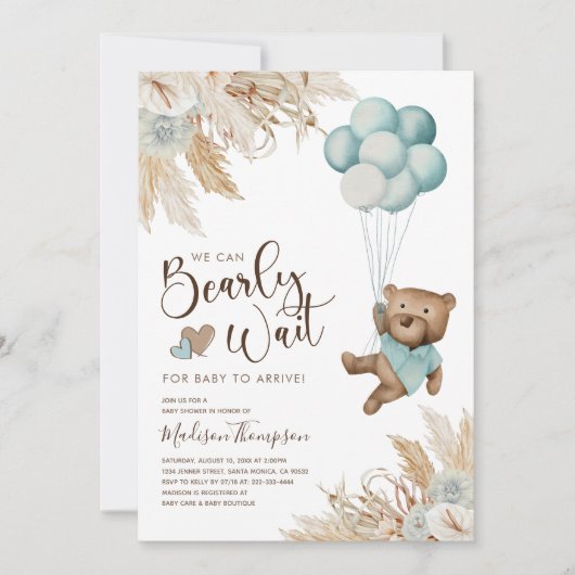 Rustique Boho Boy Bear Baby shower Invitation (Devant)