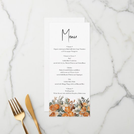 Rustique Boho Mariage Automne Hiver Carte Menu (Devant/Arrière en situation)