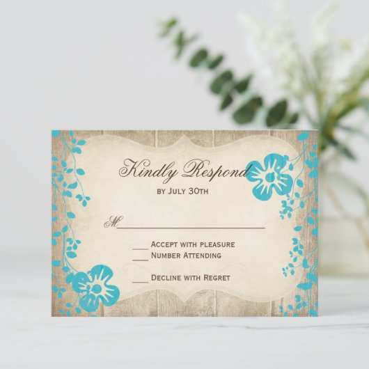 Rustique Bois Aqua Beach Fleurs Mariage Cartes RSV (Debout devant)