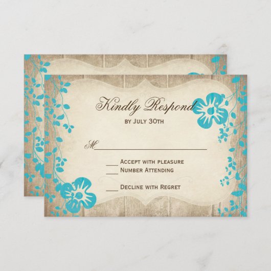 Rustique Bois Aqua Beach Fleurs Mariage Cartes RSV (Devant / Derrière)