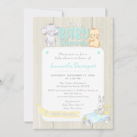 Rustique Bois Bébé Animaux Douche Invitation | Men (Devant)