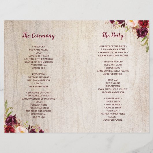 Rustique Bois Bourgogne Floral Programme de mariag (Dos)