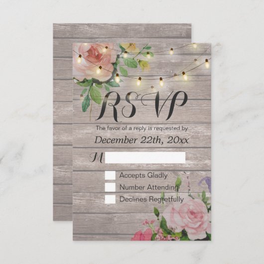 Rustique Bois Floral String Lumière Mariage RSVP R (Devant / Derrière)