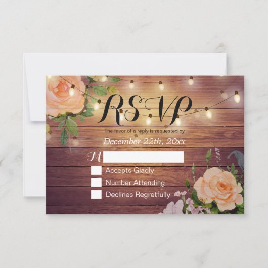 Rustique Bois Floral String Lumière Mariage RSVP R (Devant)