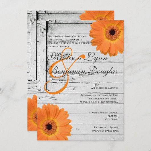 Rustique Bois Orange Daisy Invitations de mariage (Devant / Derrière)