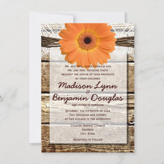 Rustique Bois Orange Daisy Invitations de mariage (Devant)