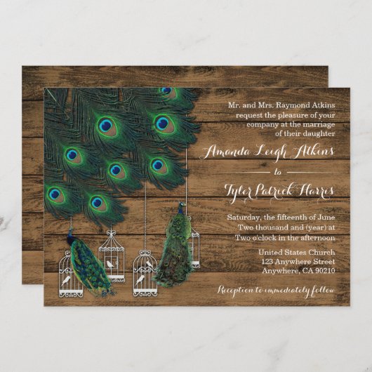 Rustique Bois Peacock Plumes Mariage Invitations (Devant / Derrière)