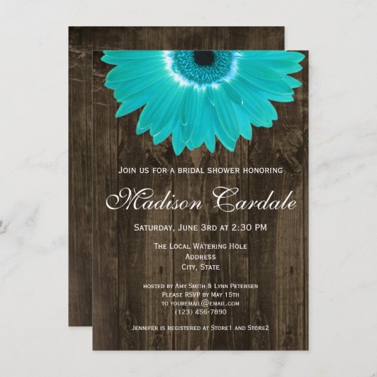 Rustique Bois Turquoise Daisy Invitation à la douc (Devant / Derrière)