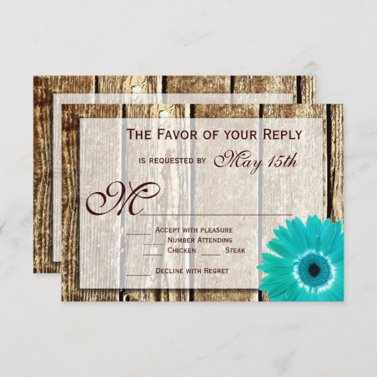 Rustique Bois Turquoise Gerber Daisy Mariage Carte (Devant / Derrière)