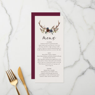 Rustique bordeaux marine floral menu mariage