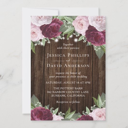 Rustique Bourgogne Blush Floral Wedding Invitation (Devant)