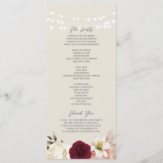 Rustique Bourgogne Floral Wedding Programme (Dos)