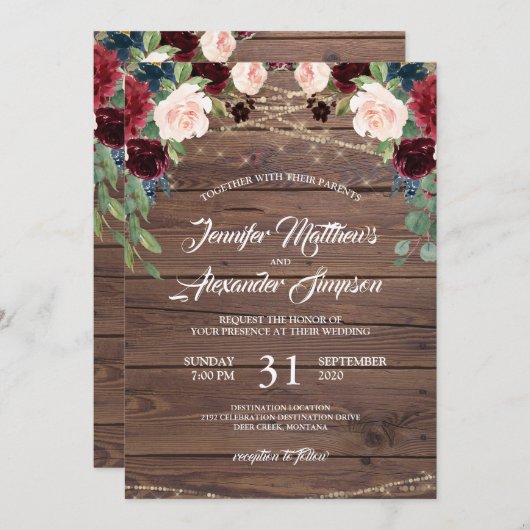 Rustique Bourgogne Marsala Floral Faire-part de ma (Devant / Derrière)