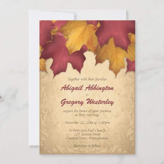 Rustique Bourgogne Or Automne Mariage Invitations (Devant)