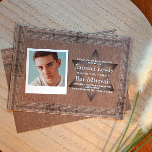 Rustique Brown Plaid Bar Mitzvah Photo Invitation