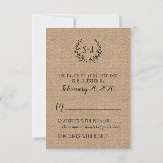 Rustique Burlap Black Typographie Mariage Carte RS (Devant)