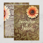 Rustique Burlap Damask Flower Wedding Invitations (Devant / Derrière)