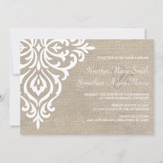 Rustique Burlap Damask Vintage Wedding Invitation (Devant)