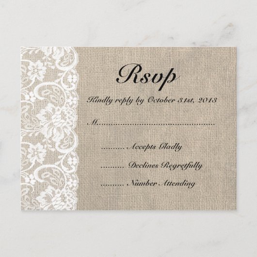 Rustique Burlap et dentelle carte postale RSVP (Devant)