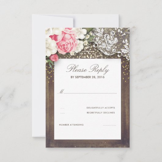 Rustique Burlap et Floral Lace Wedding Carte RSVP (Devant)