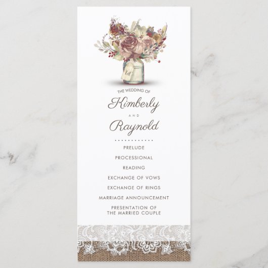 Rustique Burlap Floral Mason Jar Programmes de mar (Devant)