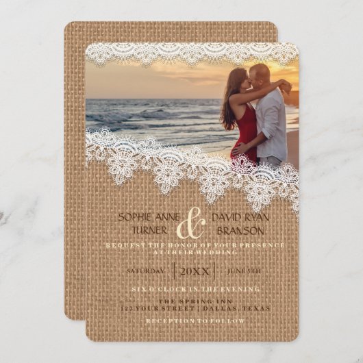 Rustique Burlap Lace Faire-part de mariage photo (Devant / Derrière)