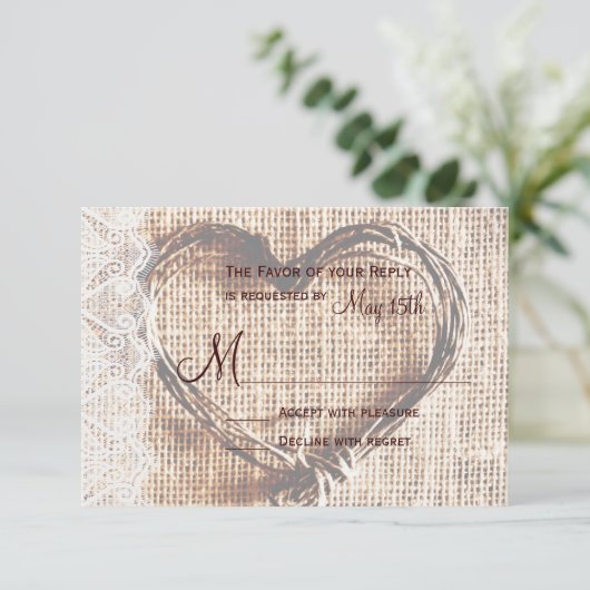 Rustique Burlap Lace Twine Coeur Mariage RSVP Cart (Debout devant)
