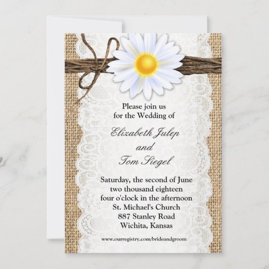 Rustique Burlap Lace Twine Daisy Faire-part de mar (Devant)