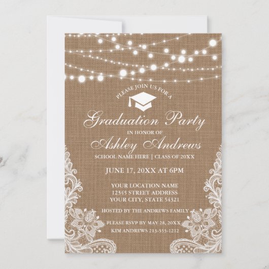 Rustique Burlap Lights Lace Graduation Invitation  (Devant)
