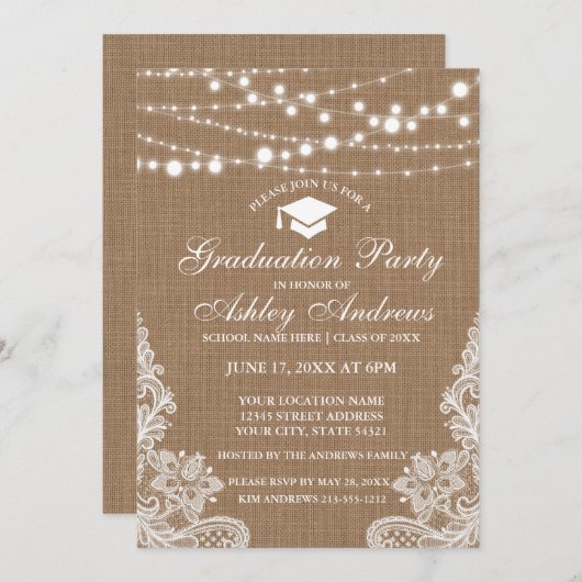 Rustique Burlap Lights Lace Graduation Invitation  (Devant / Derrière)