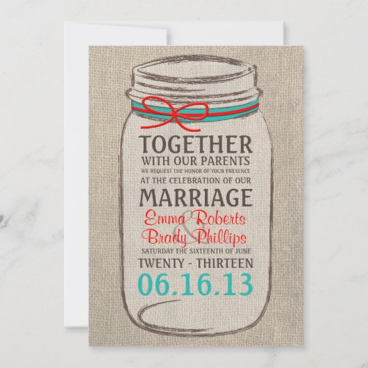 Rustique Burlap & Mason Jar Faire-part de mariage (Devant)