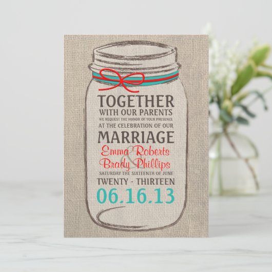 Rustique Burlap & Mason Jar Faire-part de mariage (Debout devant)