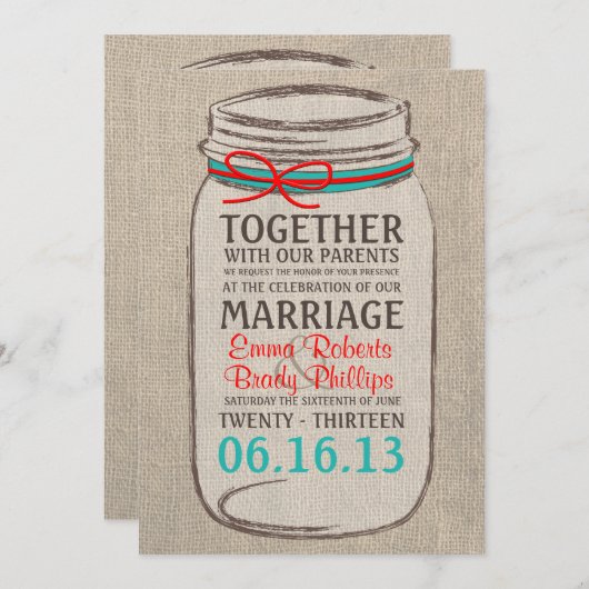 Rustique Burlap & Mason Jar Faire-part de mariage (Devant / Derrière)