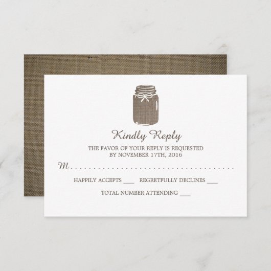 Rustique Burlap Mason Jar Wedding RSVP (Devant / Derrière)