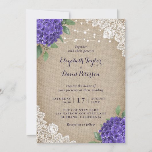 Rustique Burlap Purple Hydrangea Invitations de ma (Devant)
