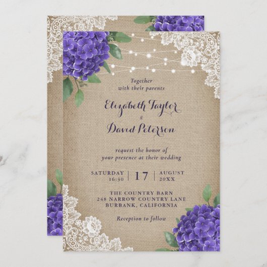 Rustique Burlap Purple Hydrangea Invitations de ma (Devant / Derrière)