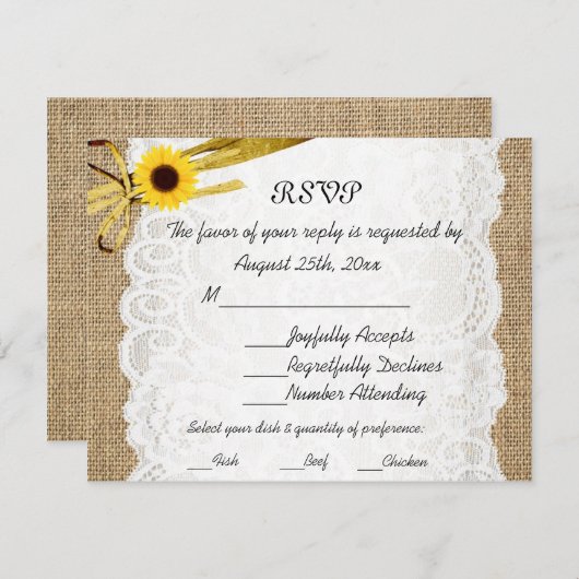Rustique Burlap Sunflower Lace Mariage RSVP carte (Devant / Derrière)