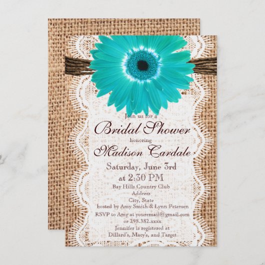 Rustique Burlap Turquoise Daisy Invitations de dou (Devant / Derrière)