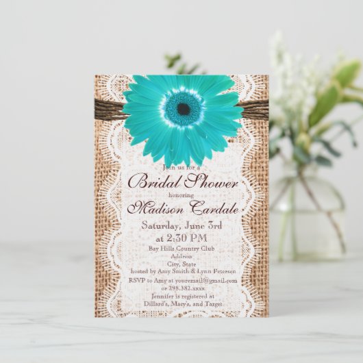 Rustique Burlap Turquoise Daisy Invitations de dou (Debout devant)