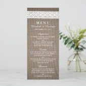 Rustique Burlap & Vintage White Lace Menu Mariage (Debout devant)