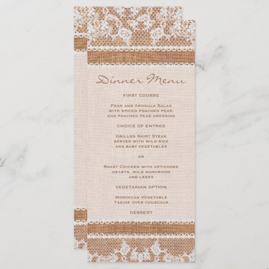 Rustique Burlap & White Lace Menu Slim Dinner (Devant / Derrière)