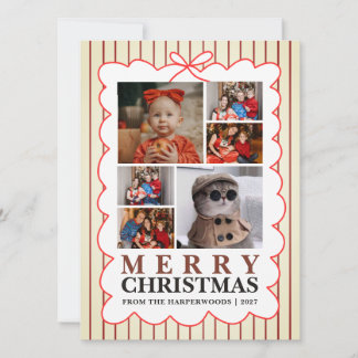 Rustique Carte de Noël à Rayures et Photos de Fami