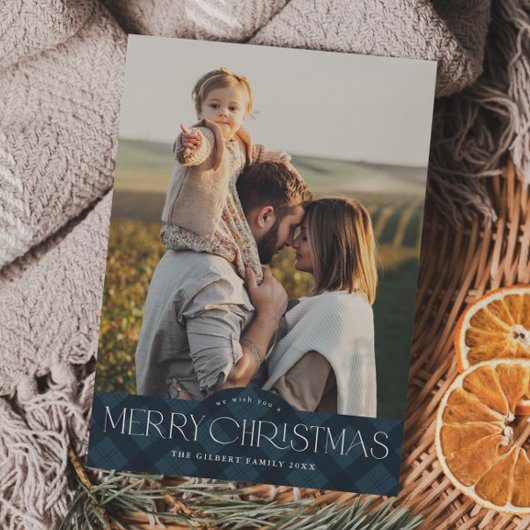 Rustique carte de Noël avec plaid bleu marine 2 ph