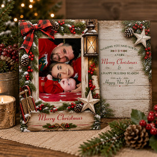 Rustique carte de Noël de famille avec sapin et ho